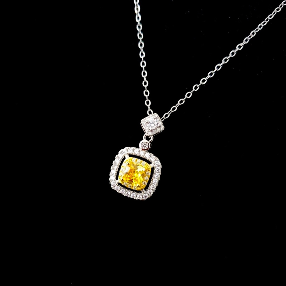 Silver Square Cut Diamond Amber Necklace